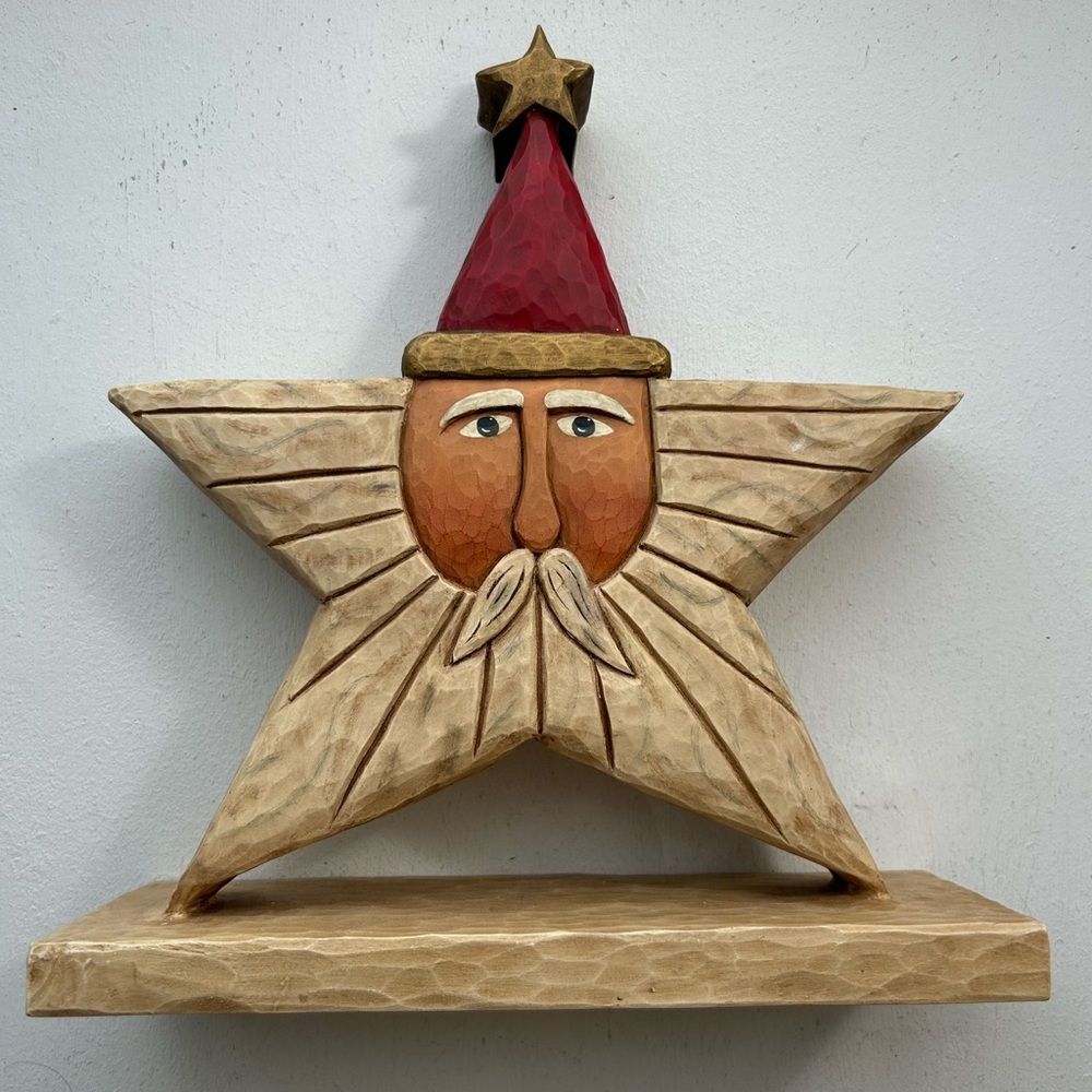 Vintage Lori Miller Wooden Santa Star Decor Folk Art Whispering Pines Carving